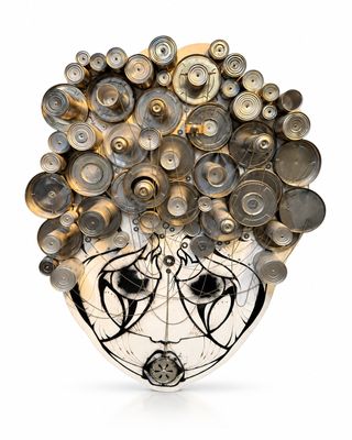a picture of a sculpture of a woman ' s head made out of metal discs