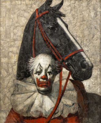 tableau représentant un cheval noir avec un visage de clown sur la tête