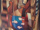 tableau représentant un homme avec une guitare et un drapeau posés sur une table