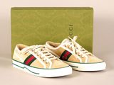 gucci beige sued sneakers with green and red stripes