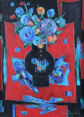 une peinture représentant un vase de fleurs sur une table