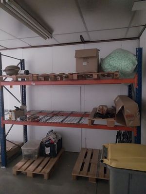 a room with a lot of boxes and pallets on the shelves