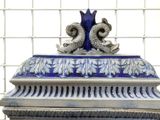 a blue and white box with two birds on it