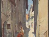 tableau représentant une femme chevauchant un âne dans une ruelle étroite
