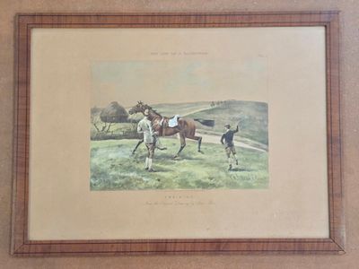 painting of two men leading a horse in a field with a dog