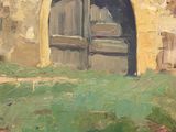 painting of an old stone building with a wooden door in the grass