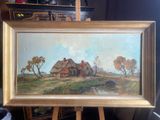 an oil painting of a farm scene with a house in the background