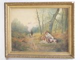 tableau représentant deux chiens et un homme dans un décor boisé
