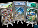 quatre cartes à collectionner Pokémon présentées dans des pochettes en plastique transparent sur un fond noir