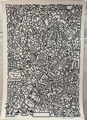 a black and white drawing of a large number of objects