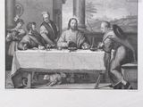 a black and white drawing of a group of people sitting at a table