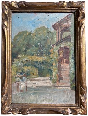 an oil painting of a woman sitting on a bench in front of a building