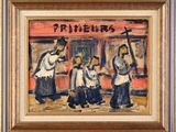 a painting of a group of people standing in front of a store