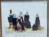 painting of four women in black dresses sitting on a chair