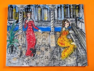 un tableau représentant une femme en robe rouge et une femme en robe jaune
