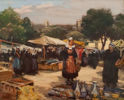 a painting of a woman standing in a market