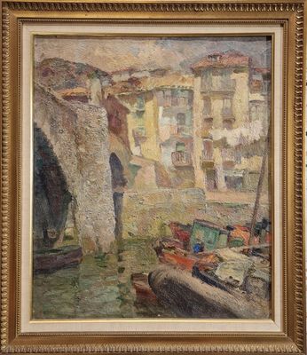 une image d'une peinture de bateaux dans un port avec des bâtiments en arrière-plan