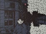 a drawing of a man walking in the rain