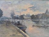 un tableau représentant une scène fluviale avec des bateaux sur l'eau