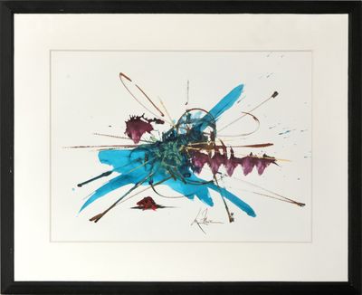 tableau représentant une fleur bleue et rose dans un cadre noir accroché à un mur blanc