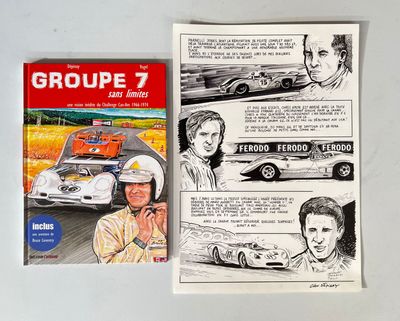 two books on a table with a drawing of a race car and a drawing of a man