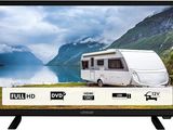 un téléviseur noir sur lequel on voit une caravane