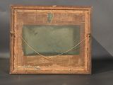 an old wooden picture frame with a chain hanging from it ' s side