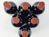 six bottles of wine are arranged in a circle on a white surface