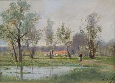 une photo d'un tableau représentant un paysage avec un étang