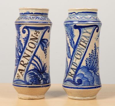 Deux albarelli en faïence à décor en camaïeu de bleu de feui…