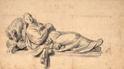an old drawing of a man laying on a bench with a dog