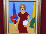 tableau représentant une femme en robe rouge tenant une balle blanche