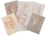 six drawings of a boy with a bird on his head