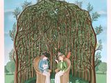 une image représentant un tableau où l'on voit deux personnes assises sur des chaises sous un arbre