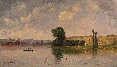 l'image d'une peinture représentant une rivière avec un bateau dans l'eau