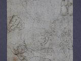 an old drawing of a man laying on the ground with his head in his hands