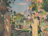 un tableau représentant un jardin avec des fleurs et un portail