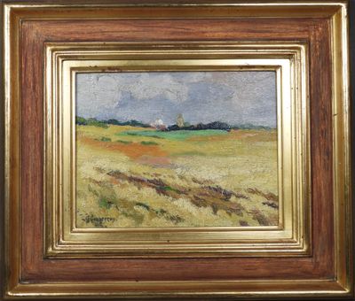 un tableau représentant un champ avec une église au loin
