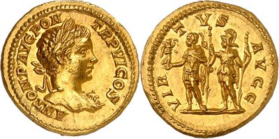 a gold coin with an image of a woman and a man on it