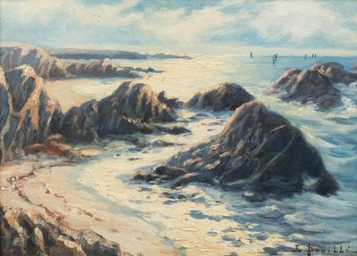 painting of a beach scene with rocks and water in the foreground