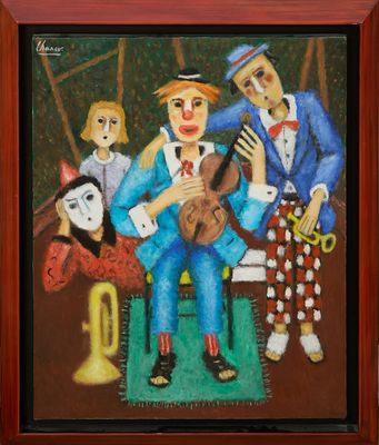 tableau représentant un groupe de clowns jouant de la musique dans une pièce