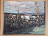 an oil painting of a landscape with houses and trees in the foreground