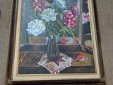 a painting of flowers in a vase on a table