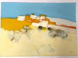 abstract painting of a yellow house on a beach with a blue sky