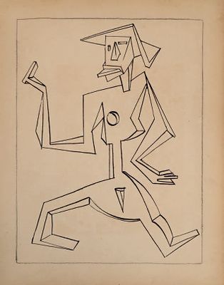 dessin représentant un homme assis par terre, un couteau à la main