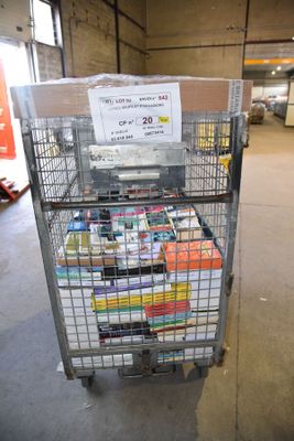 a cart with a lot of books on it in a warehouse