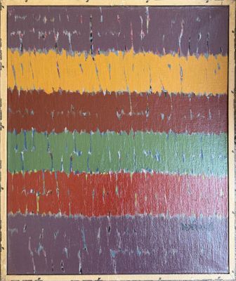 painting of multicolored stripes in a wooden frame on a wall