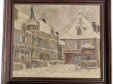 an image of a painting of a snowy street scene with buildings
