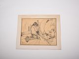 a drawing of a woman sitting at a table in a room