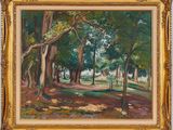 an oil painting of a wooded area with trees and a path